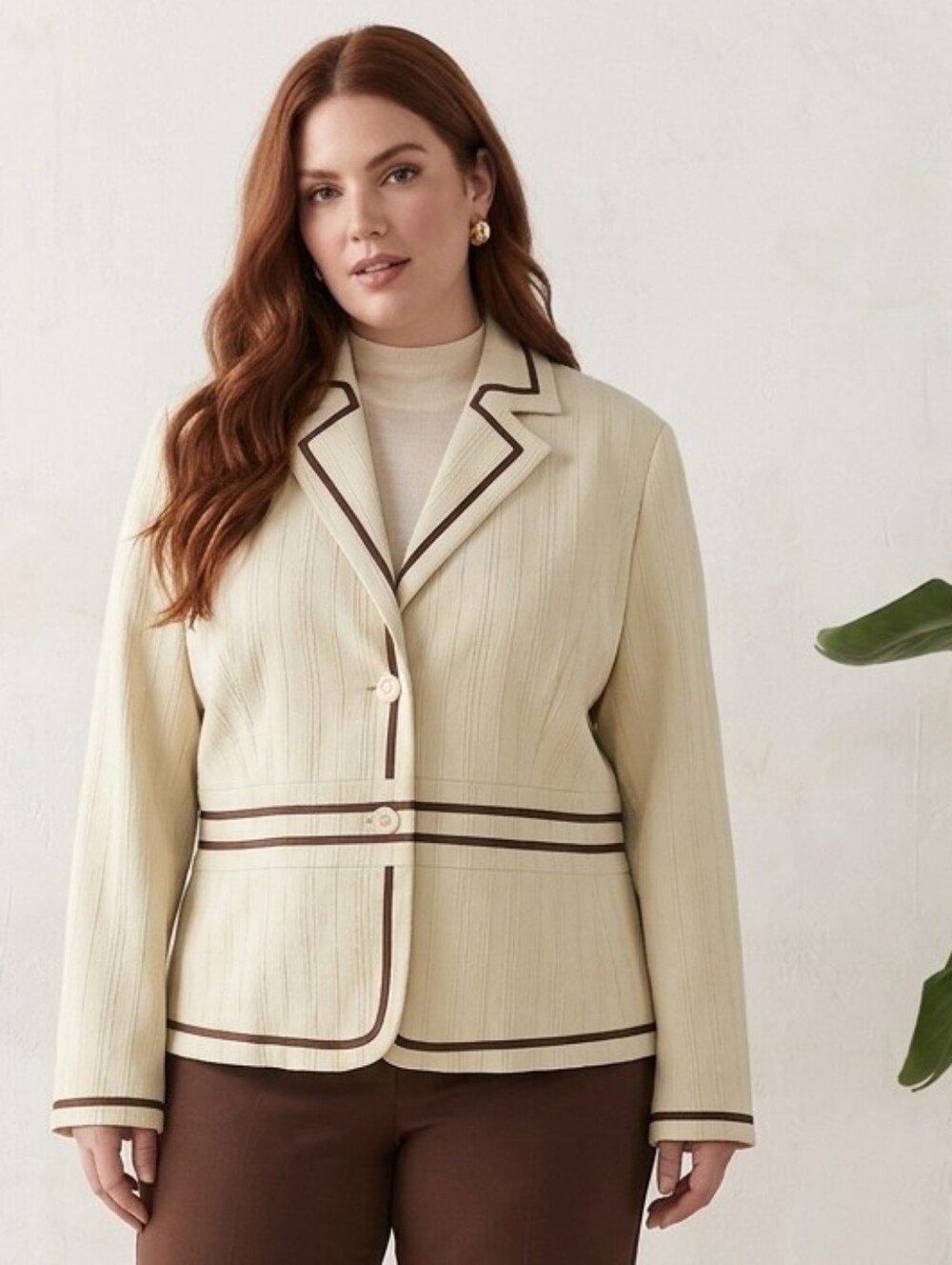 Y2K Vintage MAC & JAC Beige FITTED COTTON Blazer with CHOCOLATE Trim Sz 16